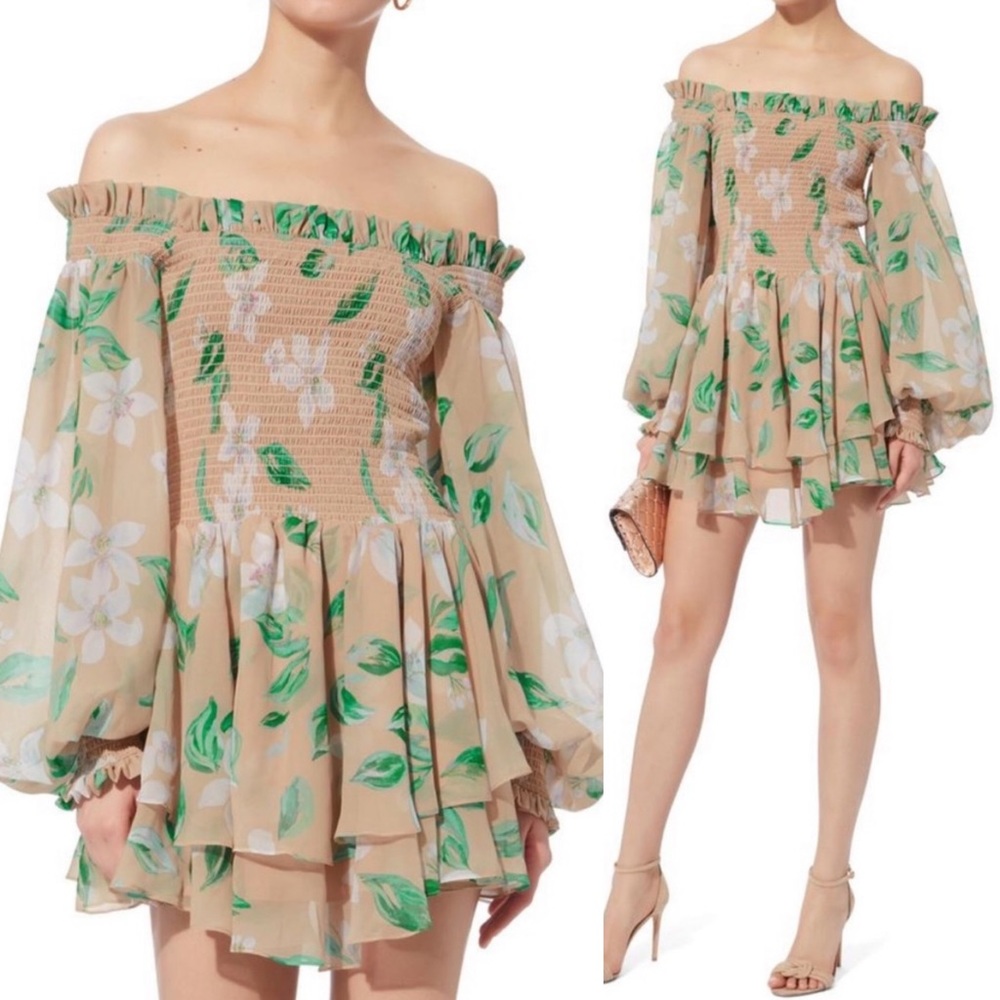 Caroline Constas Floral Smocked Off The Shoulder Mini Dress